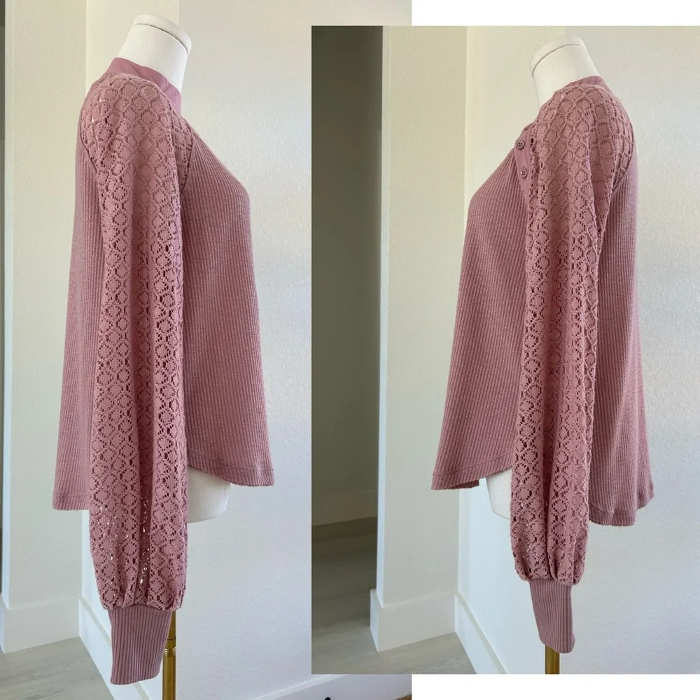 Free People Sweetest Thing Romantic Dusty Rose Lace Balloon Sleeve Top Womens XS